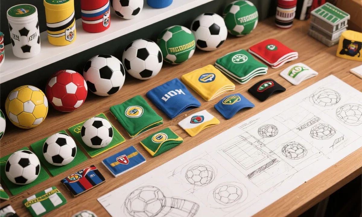 展示世界杯相关周边产品和包装设计的创意平铺图