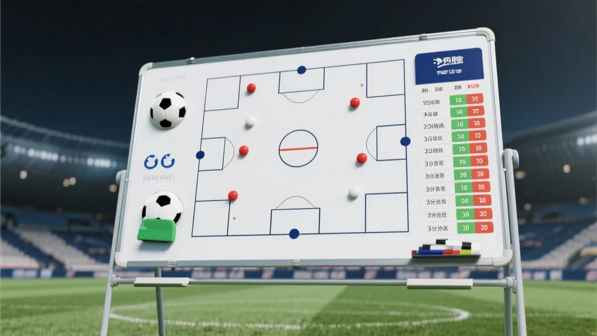 足球战术板与积分榜概念图，展示同分判定与净胜球策略